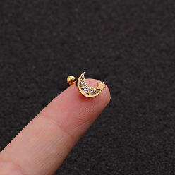 Луна Серьги-гвоздики из латуни с микропаве из прозрачного кубического циркония для женщин, 316l штифты из нержавеющей стали, золотые, луна, 6 мм, штифты : 0.8 мм