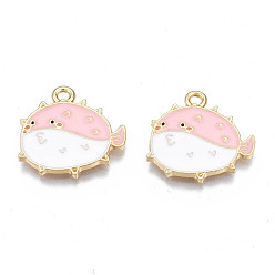 Pink Сплав эмали рыбы подвески, без кадмия, без никеля и без свинца, золотой свет, рыба-шар, розовые, 17x18x1.5 мм, отверстие : 1.6 мм