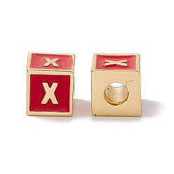 Letter X Стойки покрытие латунь эмаль бисер, без кадмия, без никеля и без свинца, реальный 18 k позолоченный, куб с письмом, красные, letter.x, 6x6x6 мм, отверстие : 2.5 мм