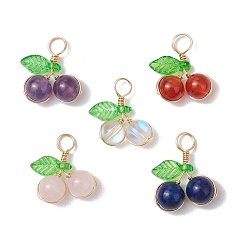 Смешанные камни Подвески из натурального лазурита/сердолика/розового кварца/аметиста/синтетического лунного камня в круглой обертке из медной проволоки, подвески вишневые с акриловыми листьями, золотые, смешанные окрашенные и неокрашенные, 17.5x14.5x6.5 мм, отверстие : 4.5 мм