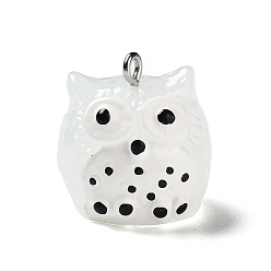 White Translucent Resin Pendants, Owl Charms with Platinum Plated Iron Loops, White, 21x20x19.5mm, Hole: 2mm