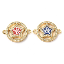 Mixed Color Rack Plating Brass Micro Pave Clear Cubic Zirconia Ring with Star Links Connector Charms, with Enamel & Shell, Real 18K Gold Plated, Long-Lasting Plated, Lead Free & Cadmium Free, Mixed Color, 18x24x4mm, Hole: 2mm