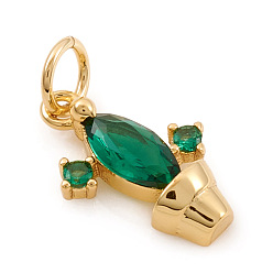 Golden Brass Micro Pave Cubic Zirconia Charms, with Jump Ring, Cactus, Green, Long-Lasting Plated, Golden, 11x7x2.5mm, Hole: 2.5mm
