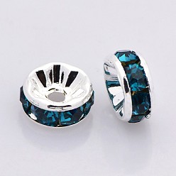 Blue Zircon Brass Rhinestone Spacer Beads, Grade AAA, Straight Flange, Nickel Free, Silver Color Plated, Rondelle, Blue Zircon, 4x2mm, Hole: 0.8mm
