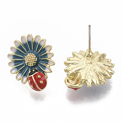 Teal Alloy Enamel Ear Studs, Daisy with Ladybird, Light Gold, Teal, 18.5x16mm, Pin: 0.7mm