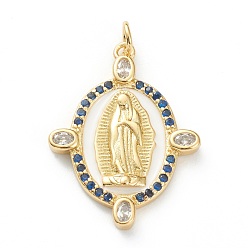 Полуночно-синий Латунные микро проложить кубического циркония подвески, с эмалью, долговечный, реальный 18 k позолоченный, овальный со святым, темно-синий, 26x20x2.5 мм, отверстие : 3 мм