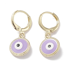 Lilac Golden Brass Dangle Leverback Earrings, with Enamel, Evil Eye, Lilac, 26.5x11mm
