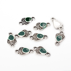 Green Antique Silver Plated Alloy Links connectors, with Enamel, Teardrop, Green, 17.5x9x2.5mm, Hole: 1.8mm