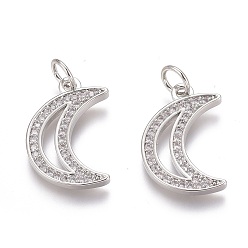 Platin Farbe Messing micro pave klare zirkonia anhänger, langlebig überzogen, mit Ringe springen, Mond, Platin Farbe, 17x11.5x1.5 mm, Bohrung: 3 mm, Sprungring: 5x1 mm