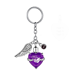 Purple Stainless Steel Keychain, with Urn Ashes and Wing Pendant, Purple, Pendant: 2.5x2.1cm
