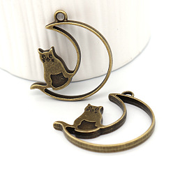 Antique Bronze Alloy Open Back Bezel Moon Cat Pendants, for DIY UV Resin, Epoxy Resin, Pressed Flower Jewelry, Antique Bronze, 37x37x3.5mm