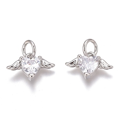 Real Platinum Plated Brass Micro Pave Clear Cubic Zirconia Charms, Long-Lasting Plated, with Jump Rings, Heart with Wing, Real Platinum Plated, 8x12x3mm, Hole: 3mm