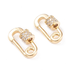Real 18K Gold Plated Brass Micro Pave Clear Cubic Zirconia Screw Carabiner Lock Charms, for Necklaces Making, Long-Lasting Plated, Safety Pin Shape, Real 18K Gold Plated, 17x10x5mm, Screw: 5x5mm