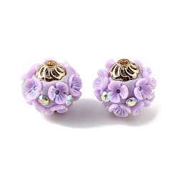 Plum Handmade Polymer Clay Indonesia Beads, with Alloy & Resin & Crystal AB Rhinestone, Round with Flower, Light Gold, Plum, 17.5x16.5mm, Hole: 2mm