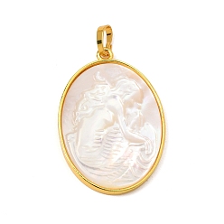 White Shell Rack Plating Carved Natural White Shell Pendants, Oval with Goddess Charm, with Brass Findings, 34.5x24x3mm, Hole: 5.5~6x3~3.5mm