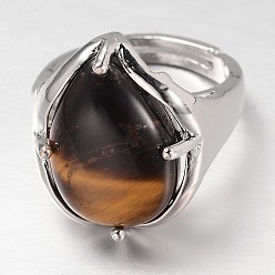 Tiger Eye Teardrop Platinum Tone Brass Gemstone Adjustable Wide Band Rings, Tibetan Agate, 18mm, Tray: 20x17mm