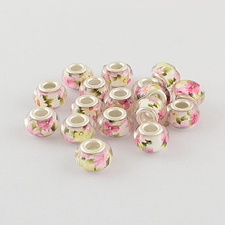 Бледно-Розовый Бусины из смолы европейского стиля с большим отверстием , с двойных ядер серебрянного цвета, рондель, розовый жемчуг, 14x9 мм, отверстие : 5 мм