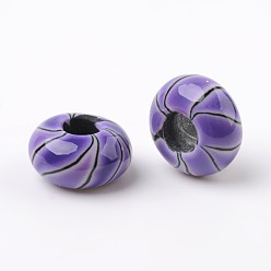 Темная Орхидея Ручная работа полимерной глины эмали европейские шарики, бусины с большими отверстиями в форме шайбы, темные орхидеи, 14x7.5 мм, отверстие : 5.5 мм