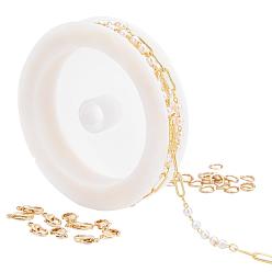 Golden 2m handgefertigte Messinggliederketten, nachgemachte perle glasperlen, mit 20Stück Messing-Sprungringen und 10Stück Messing-Karabinerverschlüssen, für DIY-Halsketten, die Kits herstellen, golden, Link: 9x3x0.7mm Perlen: 3mm