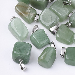 Green Aventurine Natural Green Aventurine Pendants, with Stainless Steel Snap On Bails, Nuggets, 15~35x10~20x5~15mm, Hole: 3x7.5mm