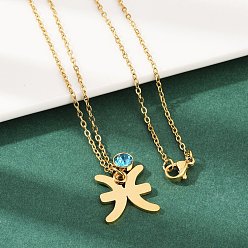 Рыбы 304 ожерелья с подвесками в виде созвездий из нержавеющей стали и стеклянного сверла, реальный 18 k позолоченный, вакуумные покрытия, Рыбы, 17.72 дюйм (45 см), Кулон : 15.5x16x1.4 мм