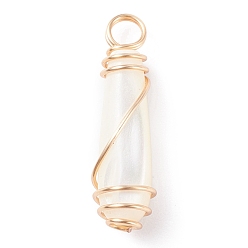 Creamy White Natural Trochid Shell Pendants with Golden Tone Copper Wire Wrapped, Bullet, Creamy White, 24.5x7x7mm, Hole: 3mm