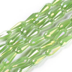 Желто-Зеленый Гальванизированные непрозрачные стеклянные бусины, с полным покрытием цвета радуги, граненые, слеза, желто-зеленый, 13.5~15x6 мм, отверстие : 1 мм, около 47~ 50 шт / нитка, 25~26.8 дюймов (63.5~68 см)