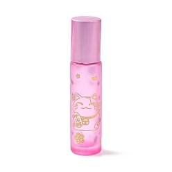 Pearl Pink Glass Essential Oil Roller Bottles, with Lid and Stainless Steel Roller Balls, Refillable Bottles, Column with Fortune Cat Pattern & Chinese Character, Pearl Pink, 2x8.6cm, Hole: 9.5mm, Capacity: 10ml(0.34fl. oz)