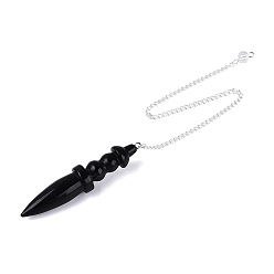 Obsidian Natural Obsidian Dowsing Pendulum Pointed Pendants, with Iron Chain & Glass, Bullet Charms, Silver Color Plated, 259~265mm, Hole: 2mm