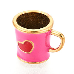 Ярко-Розовый 304 нержавеющей стальной эмали подвески, чашка с подвеской в виде сердца, ионное покрытие (ip), реальный 14 k позолоченный, ярко-розовый, 17.5x13.5x12.5 мм, внутренний диаметр: 10 мм, отверстие : 5x4 мм