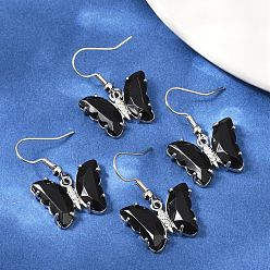 Обсидиан Серьги-подвески из натурального обсидиана и латуни, стойки покрытие, без свинца и без кадмия, платина, бабочка, 31x20.5 мм