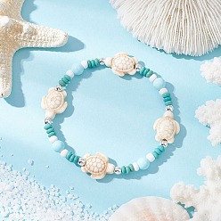 Tortoise Браслеты из синтетической окрашенной бирюзы и натурального хаулита для женщин, с серебряным гальваническим покрытием из немагнитных синтетических гематитовых бусин, черепаха, внутренний диаметр: 2-1/8 дюйм (5.5 см), Черепаха: 17x14x7 мм