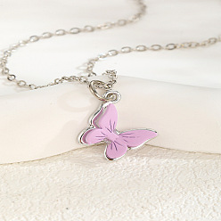 Ciruela 201 Collares con colgante de mariposa de acero inoxidable y acrílico para mujer, el color plateado de plata, ciruela, 15.75 pulgada (40 cm)