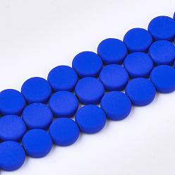 Blue Spray Painted Non-magnetic Synthetic Hematite Beads Strands, Flat Round, Blue, 8x3mm, Hole: 1mm, about 48pcs/strand, 15.7 inch