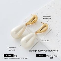 Teardrop 304 Stainless Steel Stud Dangle Earrings for Women, with Imitation Pearl, Golden, Teardrop, 43mm