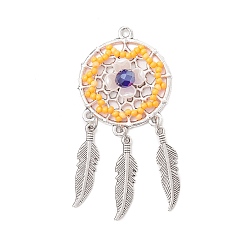 Золотистый Подвески из бисера ручной работы, плетеная сетка из сплава с перьями, с абс пластмассовой имитационной жемчужиной, золотые, 60.5x28.5x8 мм, отверстие : 2 мм