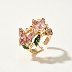 Doré  Bagues ouvertes en alliage, émail et strass, fleur avec papillon, or, 16mm