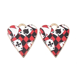 Light Gold Alloy Pendants, Poker/Playing Cards Heart Charms, Red, Light Gold, 27x23x2mm, Hole: 4mm