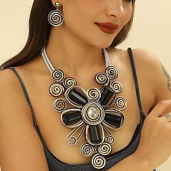 Черный Комплекты украшений из сплава алюминия и акриловой смолы, включают серьги и ожерелья, цветок, чёрные, Ожерелья: 400 mm, Серьги: 50 mm