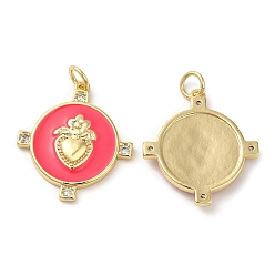 Светло-Вишневый Латунные микро проложить кубического циркония подвески, с прыгающим кольцом и эмалью, реальный 18 k позолоченный, без свинца и без кадмия, плоско-круглые, светло-вишневый, 21.5x20x3 мм, отверстие : 3 мм