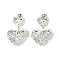 Нержавеющая Сталь Цвет Устойчивые к потускнению 304 серьги-гвоздики из нержавеющей стали для женщин, сердце с текстурой, цвет нержавеющей стали, 39x26 мм