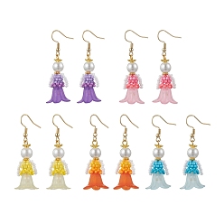 (52) Непрозрачная лаванда Серьги-подвески из стеклянных бусин ручной работы, с имитацией жемчуга и акрилом, золотые, разноцветные, 51x16.5 мм