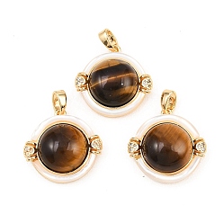 Настоящее золото 18K Подвески из натурального тигрового глаза и пресноводных ракушек, полукруглые подвески с латунной оправой из прозрачных кубических цирконий, реальный 18 k позолоченный, 18.5x19x8 мм, отверстие : 4.5x2 мм