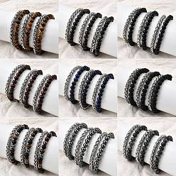 Смешанные камни Многорядные браслеты из круглых бусин из натуральных драгоценных камней, браслеты из нержавеющей стали с кубинскими звеньями для мужчин и женщин, 8-5/8 дюйм (22 см) ~ 9 дюйм (22.8 см)