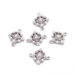 Platinum Brass Micro Pave Cubic Zirconia Links connectors, with Plastic Imitation Pearl, Rhombus, Platinum, 10x12.5x3mm, Hole: 0.8mm