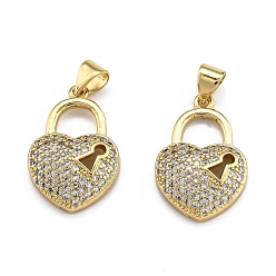 Real 18K Gold Plated Brass Micro Pave Clear Cubic Zirconia Pendants, Cadmium Free & Lead Free, Long-Lasting Plated, Heart/Lock, Real 18K Gold Plated, 23.5x16x4mm, Hole: 3x4mm