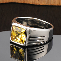 Золотистый Модные 304 кольца из нержавеющей стали с кубическим цирконием для мужчин, панк-стиль, прямоугольные, золотые, размер США 8 (18.1 мм)