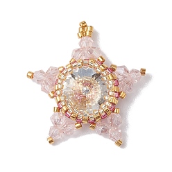 Розовый Подвески из стекла и бисера, плетеные, звезда, туманная роза, 30x28~30x6.5 мм, отверстие : 1.8 мм
