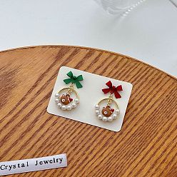 Зеленый Серьги-гвоздики с подвесками из цинкового сплава с имитацией жемчуга в виде банта и медведя, cmолой, золотые, зелёные, 32 мм