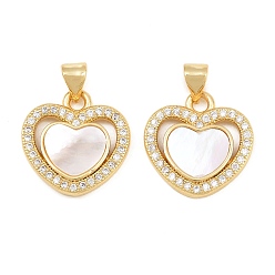 Chapado en Oro Real de 16K Colgantes de latón con microengaste de circonitas cúbicas transparentes y conchas blancas., encantos del corazón, real 16 k chapado en oro, 17x16.5x3.5 mm, agujero: 5x3 mm